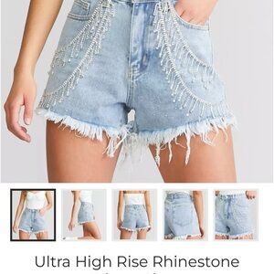 Buckle Light Blue Rhinestone Fringe Jean Shorts